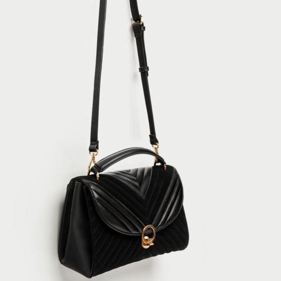 Zara Handbags - Zara Quilted Black Velvet and Faux Leather Top Handle Cross Body Bag, black